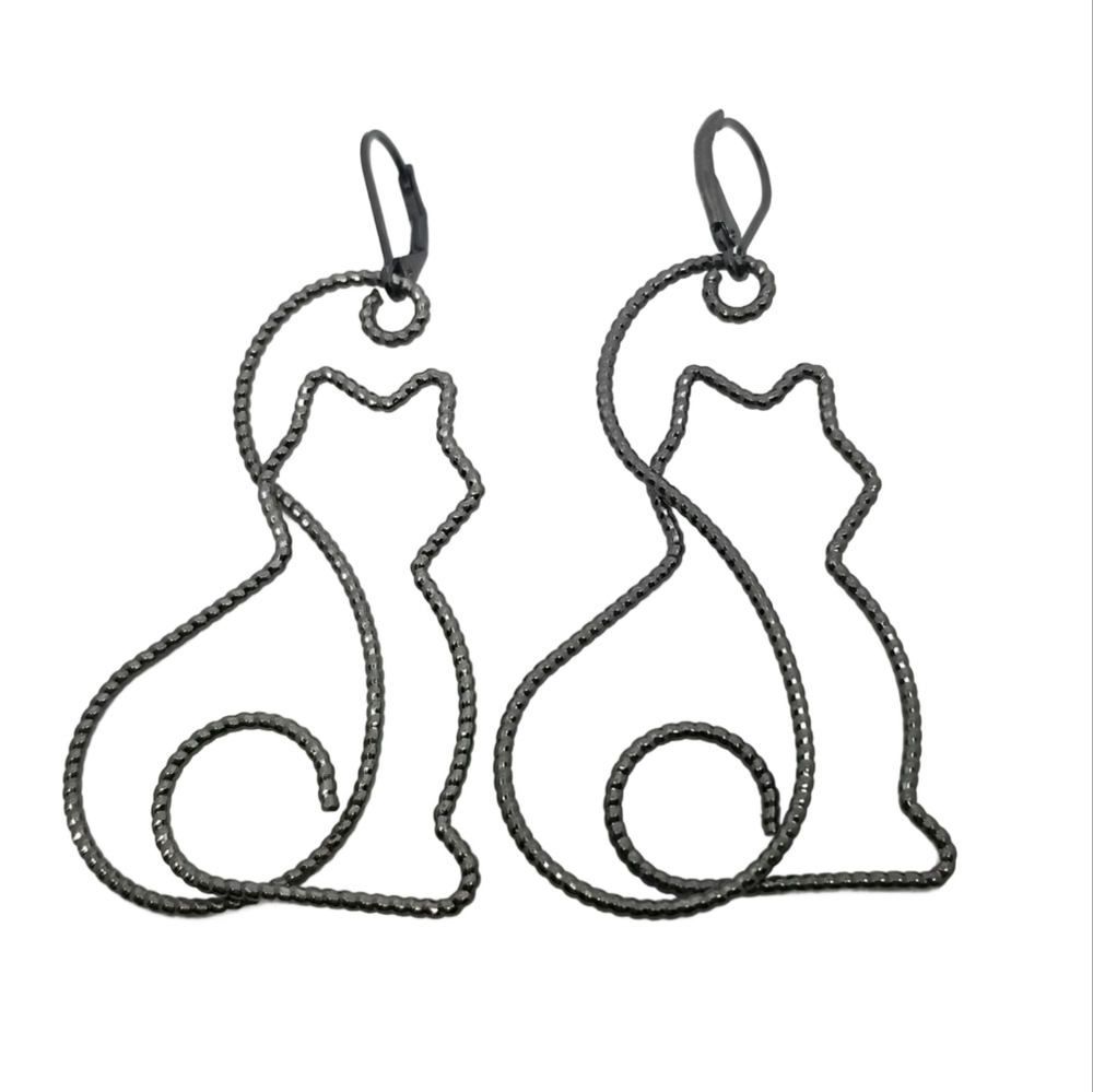 GUNMETAL CAT SILHOUETTE WIRE DESIGN DROP EARRINGS